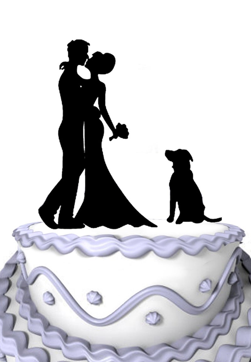 Meijiafei Rustic Wedding Bride and Groom Silhouette Wedding Cake Topper with Dog Pet - Image 1